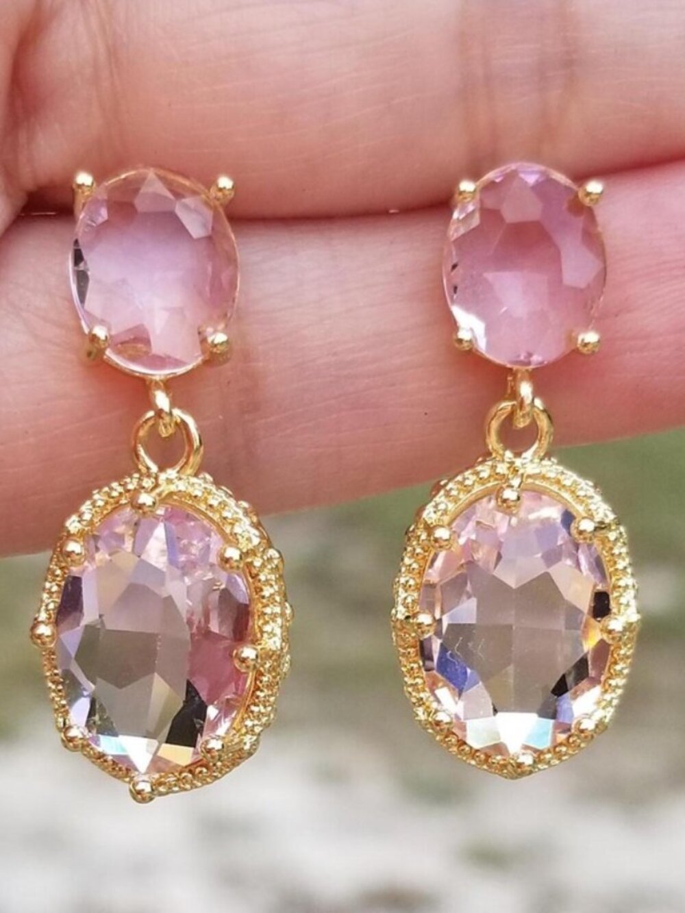 14k Gold Pink Tourmaline Stud Earrings, Large Oval Pink Tourmaline Stud Dangle